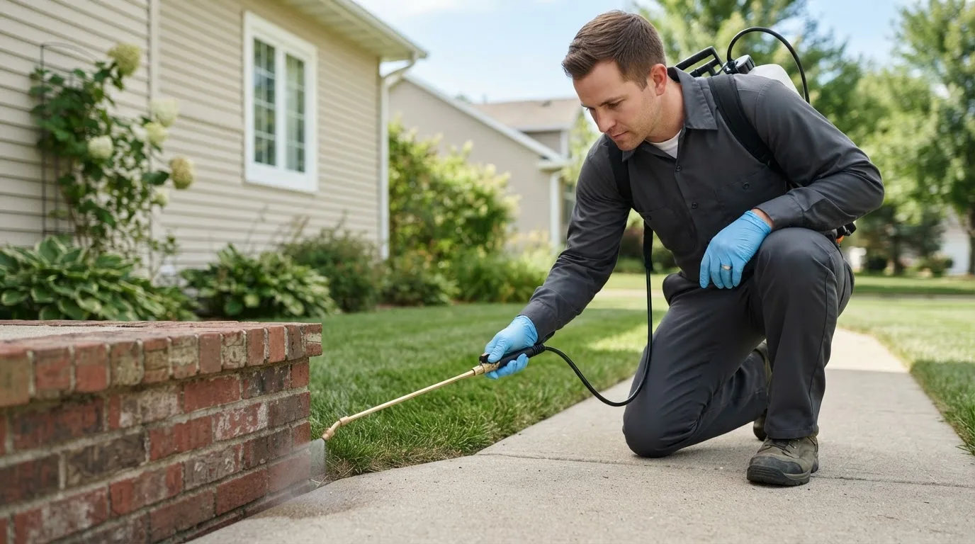 Pest control technician treating a home near Baldwin, IA