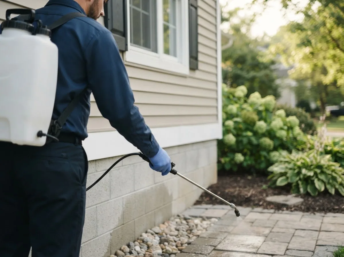 Pest control technician inspecting a home in Baldwin, IA